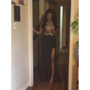Long Black & Gold Prom Dress